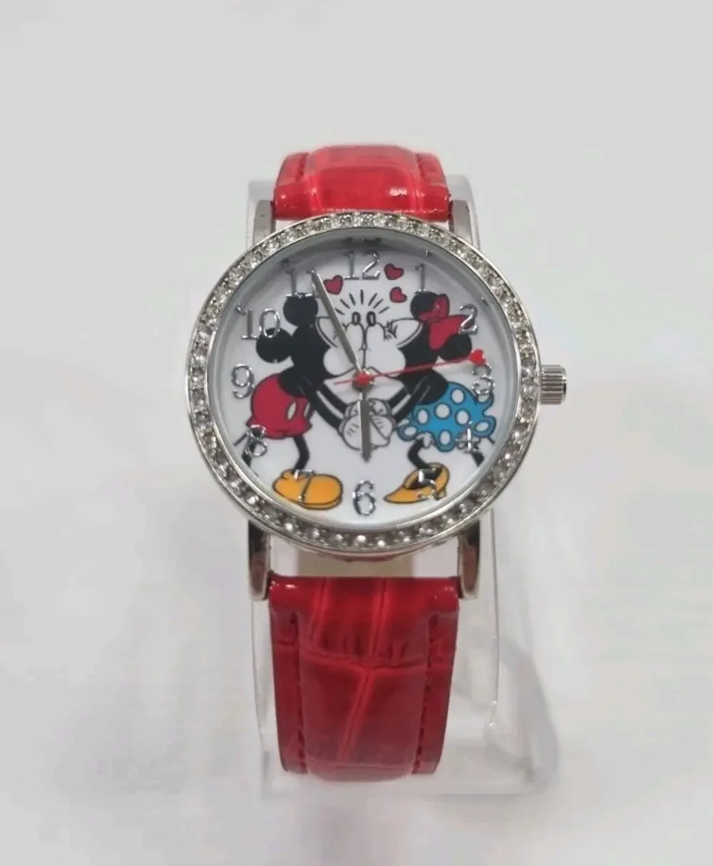 Disney Mickey and Minnie Kissing Watch Jeweled Bezel MCK1268 New Battery W253